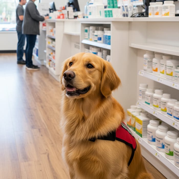 Golden retriever in pharmacy